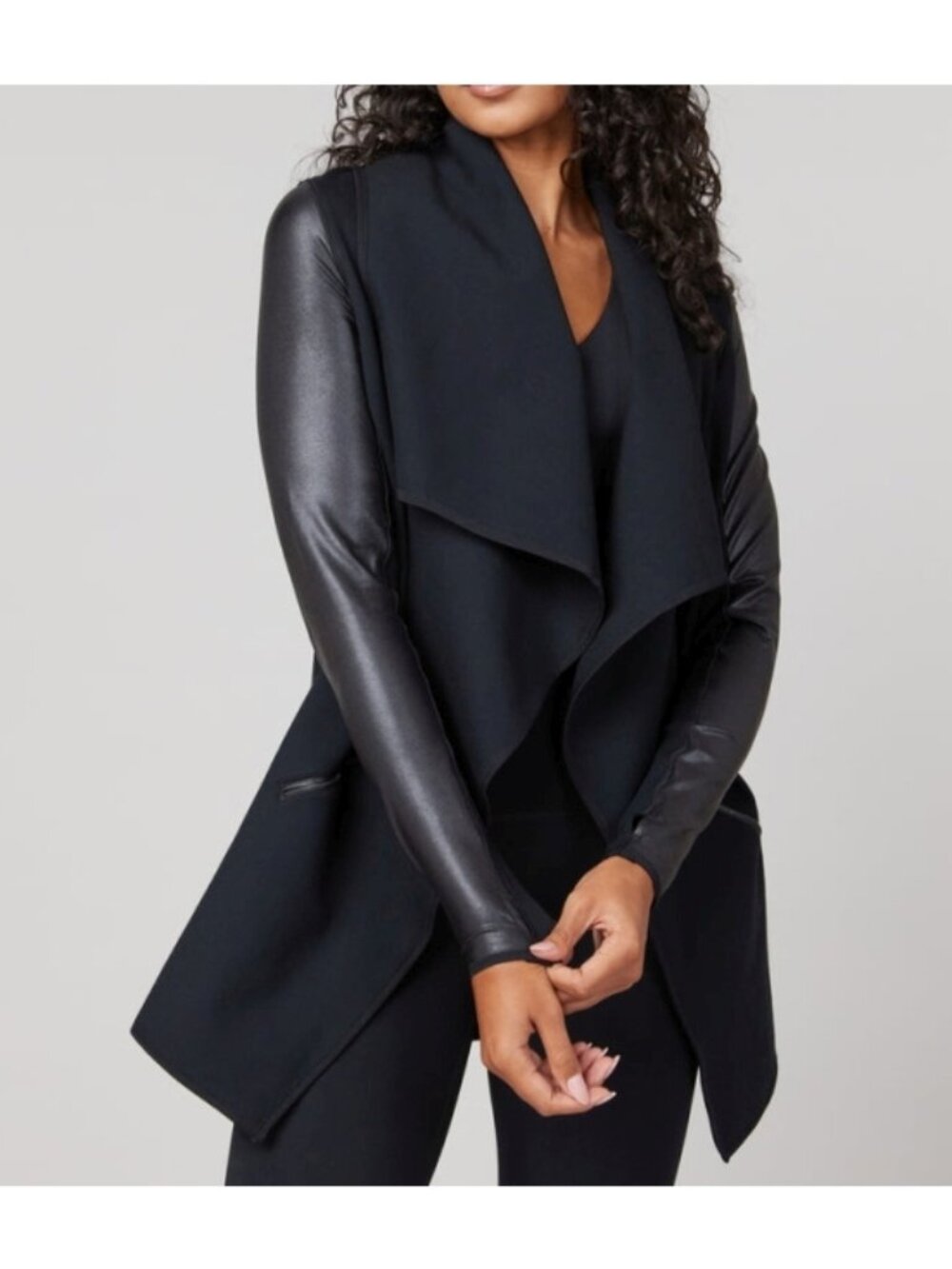 Spanx Faux Leather Drape Front Jacket Very Black Edgy Motorcycle Gothic Coat 1X